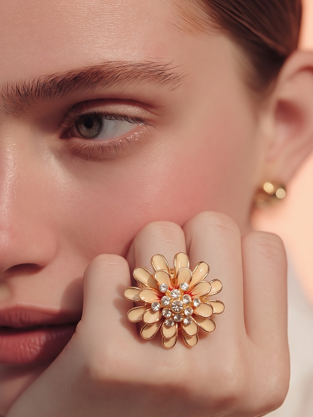 Camille Lucie Gold tone Flower Cocktail Ring - Cream Petals with Crystal Center